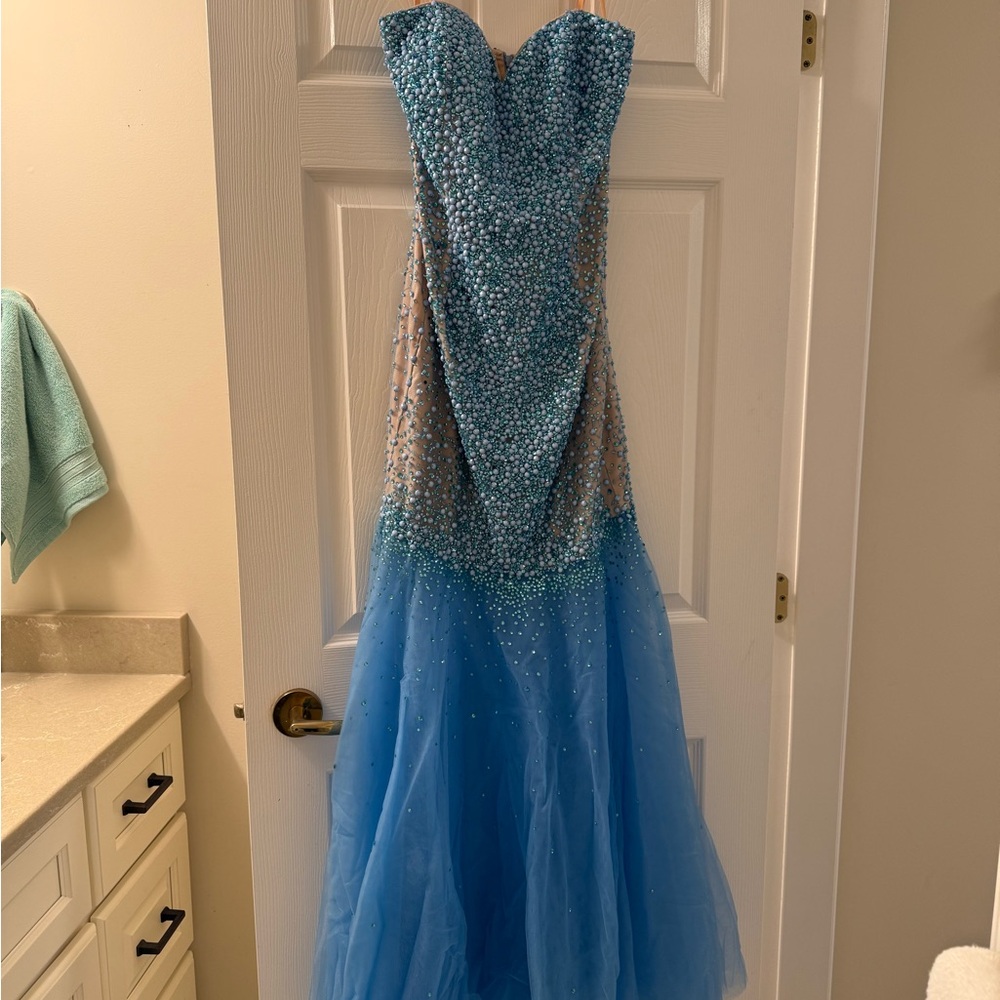 Strapless Blue Beaded Gown